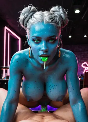Blue alien stripper, in alien strip club, big tits, thick thighs, curvy, neon lighting, dark blue skin, straight silver hair in 2 buns, getting fucked doggystyle, pov, Nordic face, European nose, beautiful face, strong jaw line, neon green cum dripping out of pussy