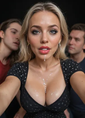 (milf:1.3), (bimbo makeup:1.1), (ruined makeup:1), (skinny:1.2), (seductive look:1.2), (flirting:1.2), dark lipstick, (sharp facial features:1.2), (large full lips:1), (wide jaw), big eyes, (black dress), white dots, (polka dot print dress), (short sleeve dress), bodycon dress, (black background:1.1), (cum on cleavage), (pov dancing:1.2), low angle view, (face view:1.1), (face close-up view:1.1), front view, standing, neon lights, dancing people around, thick crowd, (sweaty), (tan_lines), (taking selfie), arms down, (facial:1.1), (cum in mouth:1.1), (cum dripping on breast:1.2), (cum overflow:1.1), (upper body view:1.2), cuckold, (kiss me face:1.2)