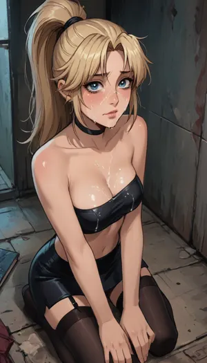 Score_9, score_8_up, score_7_up, reiq meets markgavatino art style, 22 year old, black stockings with garters, black choker, leather micro skirt, tube-top, ((woman, kneeling on floor)), ((long_straight_blonde_hair in a high ponytail)), on knees, looking up at you, (((teary eyes))), ((cum on face, cum on breasts)), cute, doodle, ratatatat74, <lora:cutedoodle_XL-000012:.8>, <lora:ratatatat74-000050:.8>, <lora:NEOTOKIOXL_0.2_RC:.8>, <lora:outline_xl_kohaku_delta_spv5x:.8>