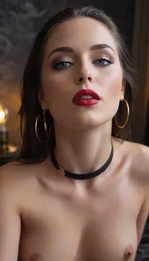 An ultra real masterpiece of a dark fantasy femme fatale with, (glowing), teal eyes, she has a look of, (lust, desire, passion, arousal), (((nude))), with perfect body, large gold hoop earrings, and a black choker, dramatic lighting and smoky dark background, hyper-realistic style, intense gaze, gothic beauty, perfect hour glass figure, perky tits, lots of cleavage •
	Pose, Confident stance, shoulders back, direct gaze with glowing teal eyes. Textured hair, clothes and skin •	Clothing, none, nude with tone perfect body
	•	Accessories, Gold choker collar, gold hoop earrings, black leather straps and hardware.
	•	Styling, Long flowing black hair, dramatic makeup with deep red lipstick, pale skin.
	•	Atmosphere, Smoky, dark background with high-contrast lighting, gothic and dramatic., GiganticBreatsXL, gigantic, breasts, huge, MFBP1, tifa, nude, nsfw, woman, laying, on, stomach, <lora:GiganticBreastsXLv1:1.1>, <lora:woman_laying_on_stomach_xl_lora_reg-000027:.8>, sucking, cock, <lora:cockteaseLoRASDXL:.8>