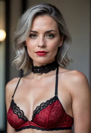 a 50 years old woman, A close-up portrait of a woman, captured in a candid moment. She is adorned in a red and black lace bralette, paired with a black choker featuring a silver buckle. Small perfect tits. The woman's pose is relaxed, with one arm resting on a gray surface, and her gaze is directed towards the camera. The background is blurred, emphasizing the subject, and the overall color palette is dominated by red, black, and silver., detailifier