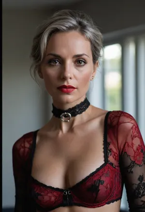 a 50 years old woman, A close-up portrait of a woman, captured in a candid moment. She is adorned in a red and black lace, paired with a black choker featuring a silver buckle. Small open nude perfect tits. Hard nipples. The woman's pose is relaxed, with one arm resting on a gray surface, and her gaze is directed towards the camera. The background is blurred, emphasizing the subject, and the overall color palette is dominated by red, black, and silver., detailifier