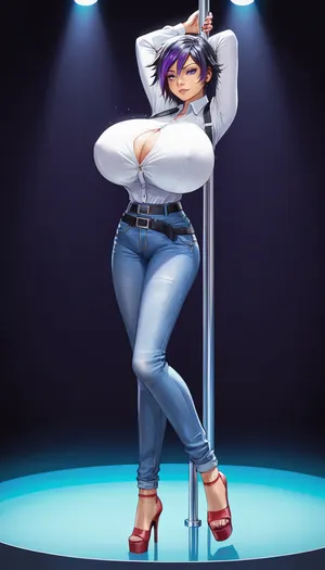 GoGo Tomago, gigantic breasts, pole dancing, conservative clothing, blue jeans, white shirt, skinny jeans, wide belt at the waist, narrow waist belt, smooth pants, tight pants, long pants, high heels, she feels lust and desire