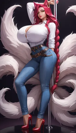 Ahri from League of Legends African Skin, a very very very long thick braid, red hair, full lips, thick, gigantic breasts, pole dancing, conservative clothing, blue jeans, white shirt, skinny jeans, wide belt at the waist, narrow waist belt, smooth pants, tight pants, long pants, high heels, she feels lust and desire