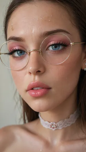 (Young petite tiny cutie girl:1.7), 18 years old, masterpiece, (shiny skin), (((close-up face:1.8))), (skinny:1.5), brown long hair, (blue eyes), (makeup:1.5), (Concentration:1.6), (((very very big long eyelashes))), (very busty:1.7), (ab crack), ((wet Skin)), ((round glasses)), choker, covered long erect nipples, (in the shower), ((she is wearing fishnet stockings contrasting)), shadows, bright light patches, light caustics, (Dynamic angle:1.5), (((best quality))), amazing quality, high contrast, volumetric lighting, intricate details, view from side, woman, on, face, <lora:JustCum:.5>, (((photorealistic))), (((very big lips))), pink lipstick, <lora:illustrious_styles_v3_vpred:.1>, <lora:678016_training_data:.8>, facialized, superfacialized, <lora:facialized:.8>