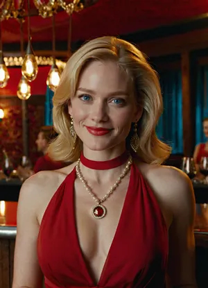 The image features a woman with blonde hair and blue eyes, smiling at the camera. She is wearing a red halter-neck dress and jewelry, including drop earrings and a necklace with a circular pendant. A glass with a straw is visible in the foreground. The background appears to be a dimly lit interior, possibly a restaurant or bar setting.