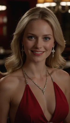 A beautiful blonde woman with blue eyes smiles softly, wearing a vibrant red halter dress and elegant jewelry in a dimly lit restaurant setting. The background is dark with subtle lighting, creating a warm and intimate atmosphere. Focus on capturing the details of her face, the texture of the dress, and the sparkle of the jewelry.