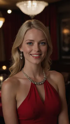 A beautiful blonde woman with blue eyes smiles softly, wearing a vibrant red halter dress and elegant jewelry in a dimly lit restaurant setting. The background is dark with subtle lighting, creating a warm and intimate atmosphere. Focus on capturing the details of her face, the texture of the dress, and the sparkle of the jewelry.