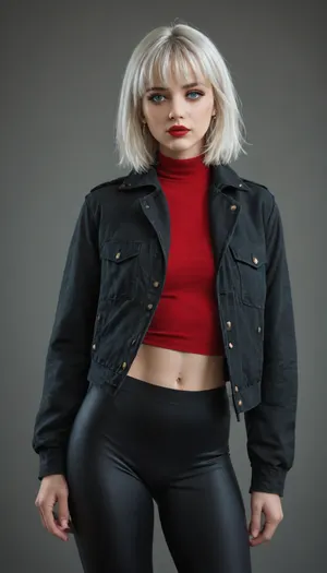 girl, 20 years old, modern grand style, leggings, top, jacket, short white hair, long bangs, blue eyes, bright makeup, red lips