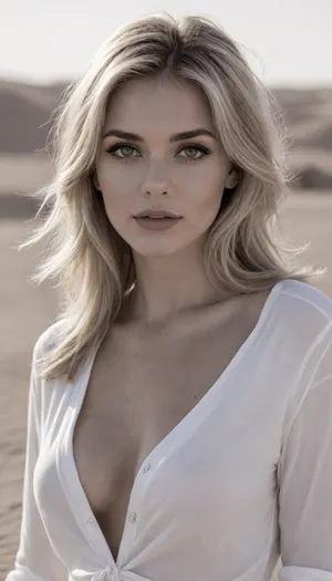 ((B&W foto)), ((gray scale foto)), (A sexy hubby cutie girl:1.6), posing in front of the camera, smirk, housewife, ((large saggy tits exposed)), skinny body, ((open white shirt)), ((blond hair)), straight bangs, black mascara, (session in the Sahara desert), (dessert), sand, sharp facial features, soft skin, black jeans, legs together, supermodel, face, big, lips, <lora:Beautify-Supermodel-SDXL:.8>, <lora:523419_training_data:.8>