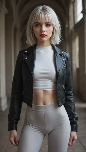girl, 20 years old, modern grand style, leggings, top, jacket, short white hair, long bangs, blue eyes, bright makeup, red lips