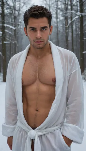 instagram photo, Gay Man 40 y.o. Carlos, large hairy chest, dark black cropped hair, hard nipples, bathrobe, musculer-built, dark skin, (smile:.4), hard shadows, solo, night snow forest, steam, puffy, nipples, dark, ghost, wide, <lora:Nipples XL:.8>