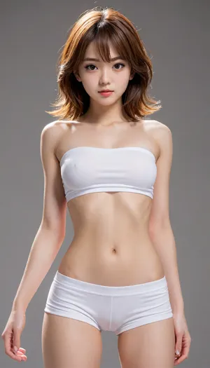 HD, 1girl, manhwa beauty, solo, supermodel_body, upper_body, topless, hair_accessories, detailed_face, flat_chested, lower_body, slim_waist, puffy_pussy, contrapposto, sport_short_pants, adorable, cute, white_background, spotlight, tilted angle, <lora:add-detail-xl:.8>