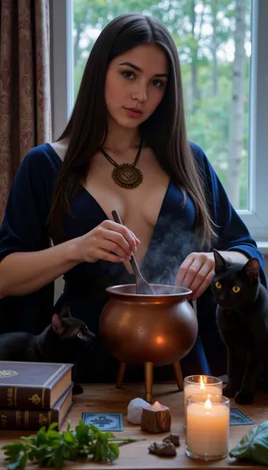 (young herbalist:1.2), (woman with long black hair:1.1), (dark blue dress:1.1), (neckline down to the waist), (antique amulet:1.2), (copper cauldron with boiling potion:1.2), (stirs potion with wooden spoon:1.1), two nearby, (black cats:1.4), with, (burning yellow eyes:1.3), house in the forest, (misty forest outside the window:1.4), (magical herbs), (Tarot cards:.9), (books:1.1), and, (crystals:1.2), (magic:1.1), (witchcraft:1.1), (high resolution), (high detail), (complex details), (realism:1.1), (photorealism:1.1), (depth of field), (bokeh), (cinematic lighting), (soft lighting), (fantasy), (super detail), (excellent composition), (virtuoso work), (exposure lighting), (focus)