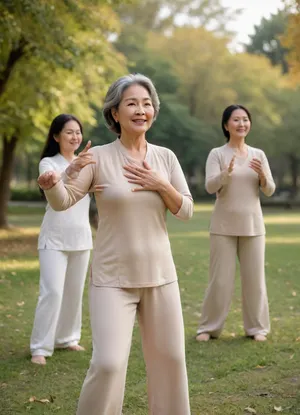 3 Asian women doing qi gong together, very busty, 60 years old, pretty, slim, exhibitionist, genuine relaxed Asian grandmother, Tai Chi exercises, ((qi gong position)), oversized huge butt, in the park, smiling, naked, perfect face High-resolution photo, high-quality photo, side view from the front