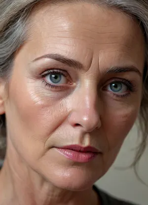 ultra-realistic, 8K HD, thin 60-years old woman, detailed face, detailed hair, deep grey eyes, heavily shaded eyelids, close-up