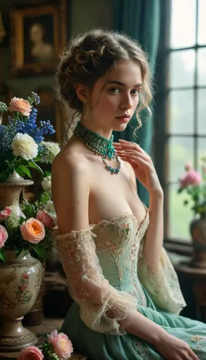 Couture, Colourful steam, beautiful topless lady arranging flowers in a antique vase, long gown, emerald collar, delphiniums, peony, peppermint, embroidered lace, chandelier, glittery smoke, beautiful model braided hairstyle, light rose, light green, light yellow, blue, and peach, <lora:MJ52:.7>