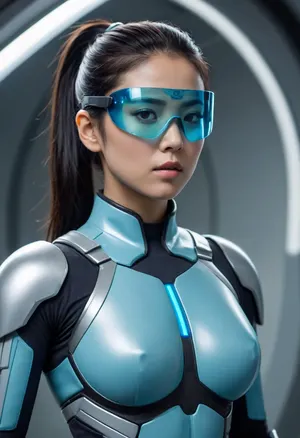 Japanese woman, super heroine, sleek black hair in ponytail, sleek high-tech light blue/cyan suit with armored elements, blue-tinted visor covering her eyes, serious expression, advanced circular turbines on her back, propeller-pack, large protruding aerodynamic chest piece