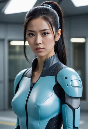 Japanese woman, super heroine, sleek black hair in ponytail, sleek high-tech light blue/cyan suit with armored elements, blue-tinted visor covering her eyes, serious expression, advanced circular turbines on her back, propeller-pack, large protruding aerodynamic chest piece