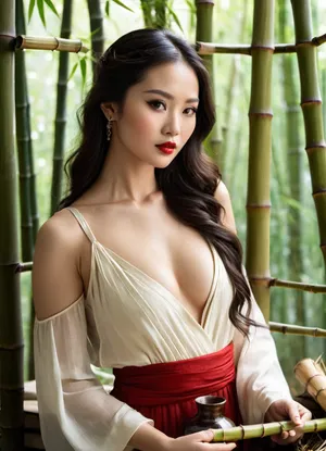(magical realism:1.2), (Chinese herbalist:1.1), (beautiful Asian woman:1.3), refined, (long black wavy hair:1.1), (dark eyes:1), (full red lips:1), (forest hut:1.3), (bamboo forest outside the window:1.4), (old wooden shelf with herbs and bottles, potion in her hands, (glass flask:1.3), (focus on her hands:1), (neat hands:1), alchemist, (herbalist:1), (medieval:1), dried herbs, (magic:1.1), mystical, (fantasy:1), (elegant Chinese dress:1), (deep neckline:1.4), detailed dress, (amulet:1), (soft light:1), ((seductive gaze)), (macro:1), (high resolution:1.1), (photorealistic:1.2), (studio lighting:1.1), (deep focus:1), (realistic textures:1.1), (bokeh background:1), (excellent sharpness:1)), hand, man, woman, back, side, palm, right, left