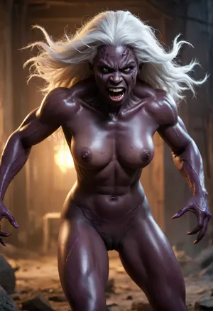 monstrous humanoid female creature, ((muscular)), (((dark purple skin tone))), prominent brain-like head that is exposed with a wrinkled fleshy texture, (wide menacing mouth filled with sharp jagged teeth), (glowing solid white eyes), long wild white hair flowing behind, athletic, toned, visible stitching/scars on its thigh, clawed hands, sharp features, laboratory setting, animalistic pose, running/charging at camera