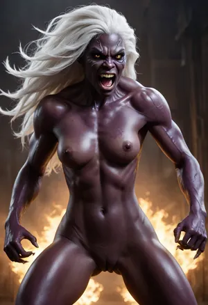 monstrous humanoid female creature, ((muscular)), (((dark purple skin tone))), prominent brain-like head that is exposed with a wrinkled fleshy texture, (wide menacing mouth filled with sharp jagged teeth), (glowing solid white eyes), long wild white hair flowing behind, athletic, toned, visible stitching/scars on its thigh, clawed hands, sharp features, laboratory setting, animalistic pose, running/charging at camera