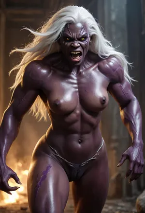 monstrous humanoid female creature, ((muscular)), (((dark purple skin tone))), prominent brain-like head that is exposed with a wrinkled fleshy texture, (wide menacing mouth filled with sharp jagged teeth), (glowing solid white eyes), long wild white hair flowing behind, athletic, toned, visible stitching/scars on its thigh, clawed hands, sharp features, laboratory setting, animalistic pose, running/charging at camera