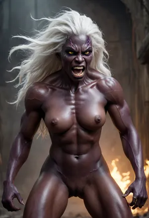 monstrous humanoid female creature, ((muscular)), (((dark purple skin tone))), prominent brain-like head that is exposed with a wrinkled fleshy texture, (wide menacing mouth filled with sharp jagged teeth), (glowing solid white eyes), long wild white hair flowing behind, athletic, toned, visible stitching/scars on its thigh, clawed hands, sharp features, laboratory setting, animalistic pose, running/charging at camera