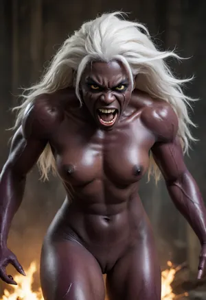 monstrous humanoid female creature, ((muscular)), (((dark purple skin tone))), prominent brain-like head that is exposed with a wrinkled fleshy texture, (wide menacing mouth filled with sharp jagged teeth), (glowing solid white eyes), long wild white hair flowing behind, athletic, toned, visible stitching/scars on its thigh, clawed hands, sharp features, laboratory setting, animalistic pose, running/charging at camera