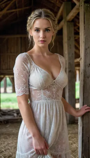 A village german woman, sexy wife, medium breasts, standing in a hayloft in an abandoned barn, (White lace see through dress), sexy bun hair, breast out dress, green, eyes, blue, brown, perfecteyes, Perfect, Hands, woman, blonde braided hair, <lora:xl_more_art-full_v1:.2>, <lora:PerfectEyesXL:.5>