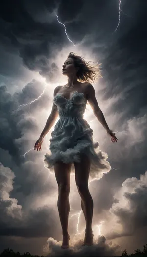 Cinematic, wide angle, 35mm, dramatic storm. The form of a woman from billowing clouds, a full body image of a woman, semi-transparent stormy clouds, dark sky, lightning sparking through her cloud body, martius_storm woman, <lora:Storm_Cloud_Style_SDXL:2>, <lora:Aether_Cloud_v1:.8>