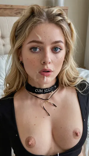 25yearold blonde woman, slim body, pale skin, small body, choker, ((black top with the text “CUM SLUT” printed on it)), (medium perky boobs), (cleavage), freckles, terrified of the viewer, eye contact, long wavy hair with a black scrunchy, wide shy eyes, blue eyes, bedroom, stud earrings, toned belly, woman, <lora:JustCum:.8>, supermodel, big, lips, <lora:Beautify-Supermodel-SDXL:.8>, <lora:580159_training_data:.8>, facial, cum, on, face, breasts, stomach, covered, in, perfect, <lora:Facials:.8>, facialized, superfacialized, <lora:facialized:.8>