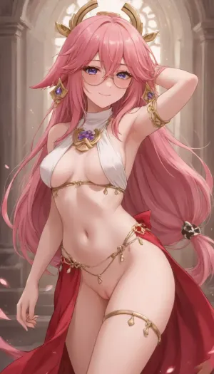 genshin, yae miko, strong blush, golden thin round glasses, long hair, micro belly dancer outfit, dancing, horny smile, pussy visible, <lora:outline_xl_kohaku_delta_spv5x:1.3>, <lora:NEOTOKIOXL_0.2_RC:.7>, <lora:Ppolar-P3v1-NbVp10:.7>, <lora:one breast out XL:2>, <lora:cartoon_stickers_xl_v1:.5>