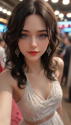 8k, score_9, score_8_up, score_7_up, dramatic chiaroscuro, rim light, pink walls, blue curtains, crowded bar, crowd, many people, neon lights, Intricate details, amateur iPhone photo, high angle selfie, masterpiece, sexy body, perfect body, white transparent leggings, halter lace transparent top, smiling, fit body, gorgeous Russian woman, long curly hair, (dark skin, tanned skin), black hair, blue eyes, red lips, opulent body, light reflects on her soft skin, light rays, soft shadows, low contrast, sharp focus, low color, flat colors, <lora:MJ52:.8>