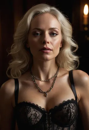 a vivid, accurate description of a hyper-realistic portrait of a 55 yo. woman who exudes confidence. Her platinum blonde hair cascades past her shoulders against a dark background. Inspired by Rembrandt's chiaroscuro, the lighting is meticulous and eye-catching. The editor's refined finish and ethereal glamour evoke timeless standards of beauty reminiscent of the Renaissance. Focus on the small to medium-sized breasts, which are accentuated when she kneels, revealing their full splendour. Her eyes are closed in ecstatic abandon, her mouth open in a silent scream of pleasure, as if she has been transported to a world of unbridled ecstasy. The dark make-up only adds to the attractiveness of her features, irresistibly drawing the viewer's eye to her face. Around her neck, a delicate and intricate lace corset adds a touch of sophisticated sensuality, while the BDSM necklace with a shiny toric joint is a powerful symbol of her unashamed submission. The overall effect is one of raw, unbridled desire, as if this woman has completely let go in the moment, surrendering to pure, unadulterated pleasure and the joy of being alive