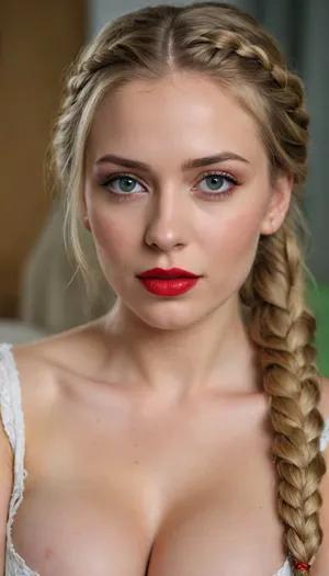 Russian blond woman, beautiful face, braided hair, green eyes, Extremely Vibrant Colors, red lips, hairpin, long braided hair, extremely realistic, red lipstick, blond hair, wide big ass, big tits, nice feet, undercut temples, nice ass, <lora:274698_training_data:.8>