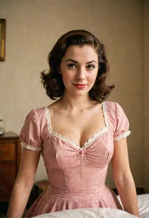 Vintage Photograph, Beautiful Young Housewife Portrait, Analog Film, Wearing 1950s Clothes, 1950s Makeup, 1950s, Large Breasts, Cleavage, Sweet Smile, Soft Lighting, Natural Skin Texture, Simple Background, Rule of Thirds Composition, Visible Grain, Shallow Focus, analog, AnalogRedmAF, <lora:AnalogRedmondV2-Analog-AnalogRedmAF:1>