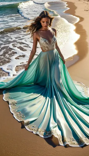 Hyperrealistic photography – aerial view, A young woman with delicate, almost ethereal features lies gracefully on the surf of a golden sandy beach. She wears an elegant white silk dress with intricate silver embroidery. The surf beneath and around her forms a perfectly symmetrical butterfly pattern that blends harmoniously with the movement of the shimmering blue-green waves and merges seamlessly with the sand. Her long, curly brown hair spreads out in a fan shape in the spray. Soft, natural light, rich in detail, inspired by femininity and nature.