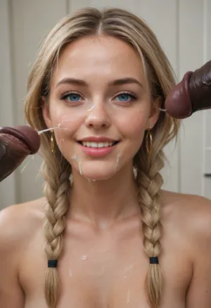 Blonde woman nude, braided pigtails, smiling, facial bukkake, 20 thick massive black cocks ejaculating, explosive cumshots