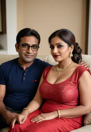 Man and woman, (An insanely gorgeous very busty looking Indian 40 year old married housewife sitting on a couch), makeup red lipstick, sindoor mangalsutra, enormous boobs, natural look, braless, tight sleeveless sweater, skirt, looking at the viewer, sitting with aged old 50 yo built dark fat nigerian man put his hand on her shoulder romantic couple, happy looking