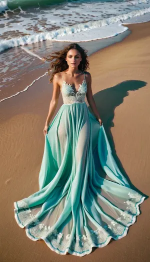 Hyperrealistic photography – Aerial view, A young woman with delicate, ethereal features lies gracefully on the sea foam on a golden sandy beach. She wears an elegant white silk dress with intricate silver embroidery. The sea foam beneath and around her forms a perfectly symmetrical butterfly pattern, blending naturally with the movement of the shimmering blue-green ocean waves and seamlessly melting into the sand. Her long, curly brown hair fans out across the foam. Soft, natural light, rich in detail, inspired by femininity and nature.