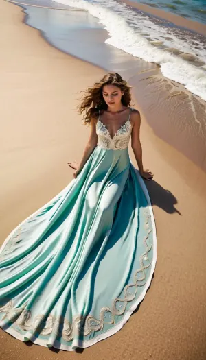 Hyperrealistic photography – aerial view, A young woman with delicate, almost ethereal features lies gracefully on the surf of a golden sandy beach. She wears an elegant white silk dress with intricate silver embroidery. The surf beneath and around her forms a perfectly symmetrical butterfly pattern that blends harmoniously with the movement of the shimmering blue-green waves and merges seamlessly with the sand. Her long, curly brown hair spreads out in a fan shape in the spray. Soft, natural light, rich in detail, inspired by femininity and nature.