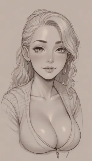 score_9, score_8_up, Zip2D, (incase, incase style:.8), (30yo, woman, MILF), (playful, mischievous esthetic:1.2), (long hair, ponytail), (cleavage, large breasts), (bashful, big cheesy smile, blushing), (large expressive eyes), (sketch, character design, concept art:1.2), <lora:princess_xl_v2:.8>