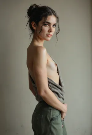 Female, 20 years old, ((presenting pubic Hair)), ((Your pubic hair is sticking out of the top of your pants)), very hairy pube, ((very slender body)), ((small tits)), ((flat chest)), areolas visible, ((nipples visible)), site view, (((side boob))), (Panam Palmer from Cyberpunk2077:1.1), Ultra-detailed, vibrant, and cheerful studio portrait of a young woman with a sweet, shy, and slightly playful smile, positioned centrally against a solid pink background. revealing a hint of her upper teeth, conveying both shyness and a touch of playful charm. Her gaze is directed straight into the camera, establishing an immediate, engaging connection.
Her face is distinctly oval-shaped, with soft, smooth contours, subtly rounded cheeks, and a gently defined chin. Her skin is notably fair and smooth, with a delicate, natural rosy flush on the apples of her cheeks, suggesting youth and vitality. Her eyes are expressive, a sparkling blue or blue-grey, appearing wide and clear. The eye shape is almond, with a gentle upward tilt at the outer corners. Her upper eyelids are clearly visible, adorned with very subtle, natural-looking light brown eyeshadow that barely defines the crease. Her eyebrows are medium in thickness, perfectly groomed, with a soft, natural arch, and colored in a soft blonde that beautifully complements her hair. Her nose is small, straight, and finely sculpted. Her lips are medium-full, displaying a soft, natural pink hue with a glossy finish, gently curved into her sweet smile.
Her hair is long, voluminous, and has a rich, warm light blonde or dirty blonde base color, enriched with delicate, sun-kissed lighter highlights that add depth and dimension, particularly visible in the waves. The hairstyle is a distinctive half-updo, featuring two prominent, high-set "space buns" or top knots positioned symmetrically on the crown of her head, giving a playful and youthful look. A few soft, loose strands delicately frame her face, enhancing its gentle contours.
She is wearing a cozy, oversized, chunky knit sweater in a vibrant yet soft light pink color. The sweater features a clear, intricate cable knit pattern across the body and sleeves, giving it a rich texture and warmth. The sleeves are noticeably long and baggy, extending far past her wrists and completely covering her hands. Her hands are clasped together at chest level, with the sweater fabric creating soft folds and gathers around them, emphasizing a shy or endearing gesture. Below the voluminous sweater, a glimpse of a lighter pink yogapants is visible. This yogapants appears to be made of a sheer or tulle fabric. Her body is positioned frontally to the camera, with a slight lean or gentle pose that emphasizes the coziness of her attire. The image quality is ultra-sharp, photorealistic, showcasing intricate details in her hair, skin, and sweater., zwuul, <lora:add-detail-xl:1.2>, <lora:BUT_SDXL_SHS:1>, <lora:MJ52:1.1>, <lora:DetailedEyes_V3:1>, <lora:zwuul-sdxl:.8>