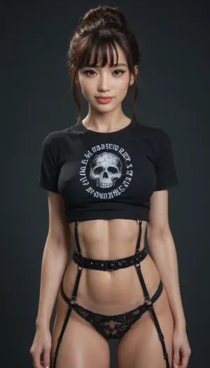 asian futanari with big dick and big balls, thicker dick, 30 cm long dick, dreamy facial expression, goth evil model, ((colored slutty mesh t shirt and ripped off panties harness)), horny, lean body, bangs hairstyle, minislimwaist, slim body, pale skin, sensual lips, wet shiny skin, perfect skin, extremely beautiful face, ultra high details, hdr, veins on big cock, big titts, highly detailed cock, happy, smile face, barefoot, standing, bending, looking at viewer, black background, colored garter belt, perfect eyes, extremely toned body, vivid colors, hinaigirl, green, eyes, blue, brown, perfecteyes, Stable-Yogis-Makeup-Enhancer-XL, <lora:MicroSkirt_XL:2>, <lora:Her_Eyes:1.3>, <lora:MaybeBetterFaceInFullBodyLora_XL_rev3:2>, <lora:PerfectEyesXL:1.5>