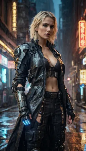 female cyberpunk street samurai, late 20s, athletic build, large round firm breasts, blue eyes, blonde hair, pubic hair, exposed pussy, wearing worn urban tactical armor with carbon-fiber plates and layered tech coat, cybernetic arm and visible neural implants, rain-soaked futuristic megacity alley, holographic signs reflecting on wet asphalt, faint steam and neon haze, cinematic rim light, volumetric atmosphere, ultra-realistic photography, lifelike skin texture, sharp focus on face and weapon, depth of field, gritty cinematic realism, 8k RAW photo, high dynamic range, detailed bokeh, realism over style, moody dramatic lighting, subtle film grain