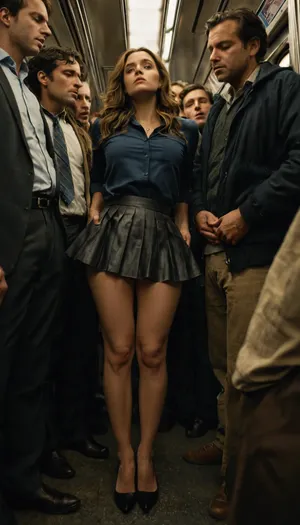 a woman is standing in a crowded subway car, close-up, first-person camera on the floor, looking up her skirt, view from ground below up, subway car, crowded people pushing against each other, very close together, the woman is looking down at the camera, the girl is squeezed between two men