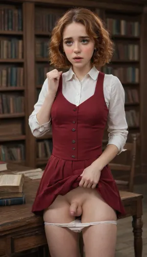 Sexy 25 yearold futanari, bending on corner of desk, (young, cute, tiny, pretty, petite), (((large brown eyes))), (((short redhead hair))), futanari Hermione Granger in Hogwarts uniform, she lifts her skirt, (her soft micropenis exposed), ((ejaculating from her tiny cock), ((shy, shocked, ashamed, embarrassed), (blushing:1.5)), in medieval library with books stacked on tables, ((upskirt view)), film photography, vintage, realistic, sharp focus, (very detailed), ((4K HQ)), High contrast, panties pull)