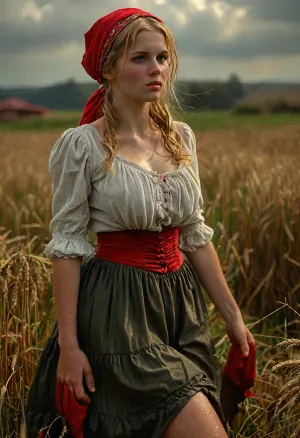 A close up of woman’s crotch, frontal view, (((a peasant woman in a medieval green upskirt dress, ((red headscarf)), corsage, tight wet white blouse, neckline, blonde, a attractive woman of 25 years old, with middle breasts, wide hips, gergeous ass and a virgin cunt, works in the field))), ((wind lifts up her skirt showing upskirt an extremely hairy pussy)), ((oktoberfest dress wind lifting dress)), (((masterpiece, the best quality))), (wheat field), (sweaty), (hairy pussy), (hairy and thick pubic bush, hairy between legs, natural unshaved private parts, unkempt wild long thick natural pubes, unkempt long and thick pubic hair, hairy, long and thick pubic hair, long and wild pubes), (fat:1), thick thighs, wide hips, A ssbbw girl with big long sagging breasts, (two hands), <lora:style_lora_realis:.8>, <lora:gyakutaiojisan_bed_AB_XL:.5>, <lora:MJ52:.5>, <lora:LCMTurboMix_Euler_A_fix:.8>