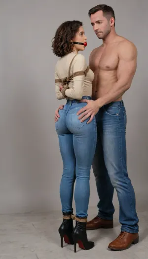 (1 woman + 1 man), helen parr is standing, (tied in bondage:1.3), (struggling trying to escape:1.3), and she have her, (hands tied in her back:1.4), she get her, (ass groped by a man:1.3), (ass grab:1.4), (very tall and muscular man:1.3), small breasts, petite, (extremely big round buttocks:1.3), (high waist tight jeans:1.3), (high heels leather high boots:1.3), (slim waist), beautiful face, tan skin, tan long sleeve shirt, full body, Rear three-quarter view, rope, black, tape, gag, bondage, clothes, ballgag, Old, Man, huge, ass, breasts, big, hips, narrow, waist, <lora:bdsm_SDXL_1_:2>, <lora:ahxl_v1:1.6>, <lora:ballgag:2>, <lora:OldMan:.6>, <lora:BodyLicious:2>